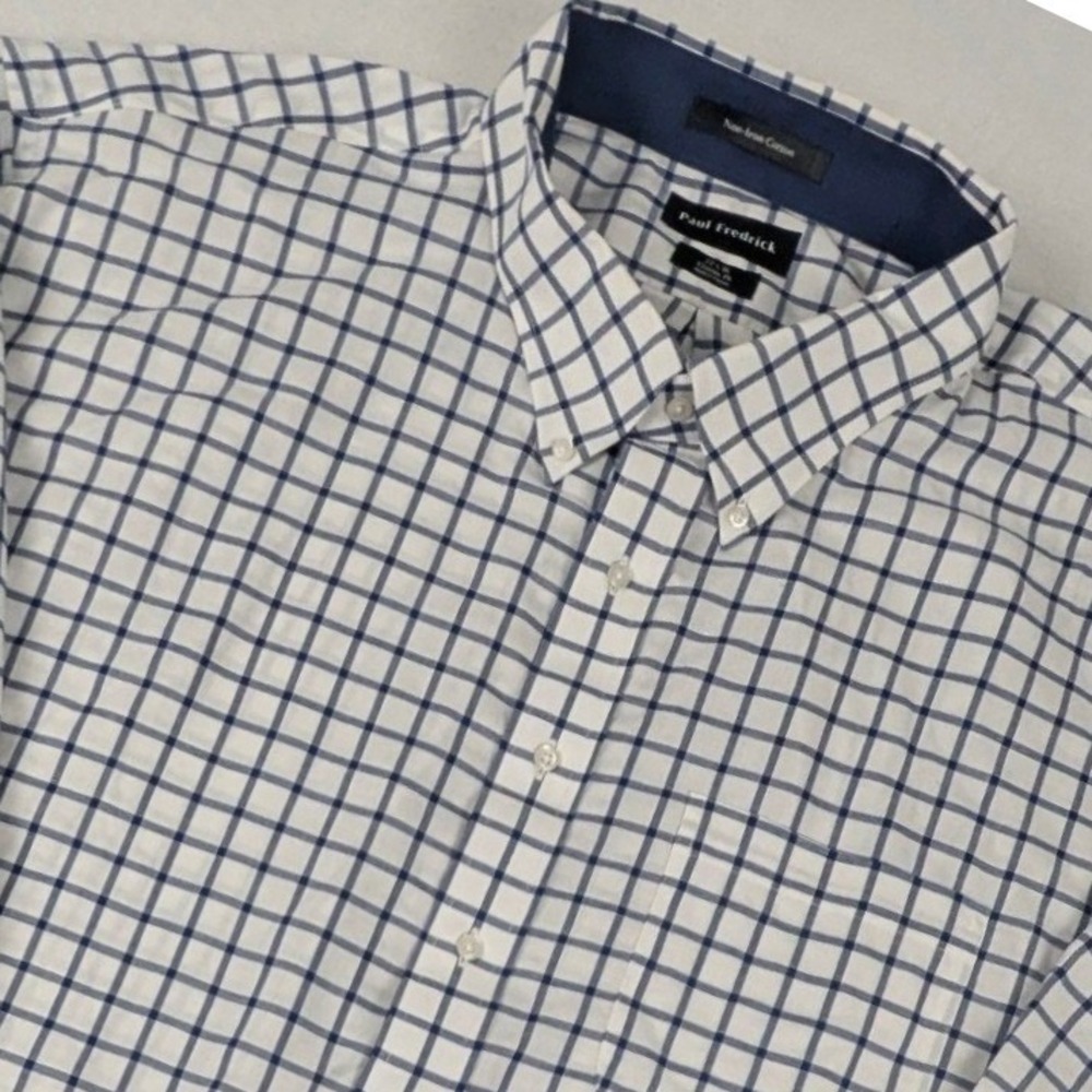Paul Fredrick Mens 22x36 Classic Fit Non-Iron Cotton Windowpane Shirt White Navy